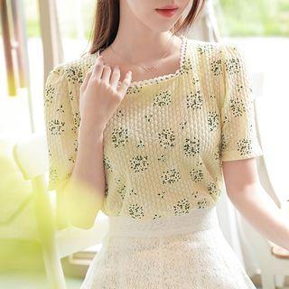 Crochet-trim Floral Embossed Blouse