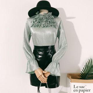 Long-sleeve Frill-trim Glitter Top