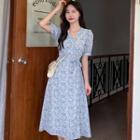 Short-sleeve V-neck Floral Tie-strap Midi Dress