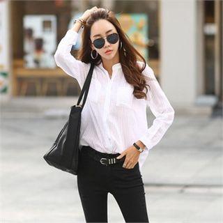 Pocket-front Stripe Sheer Blouse Ivory - One Size