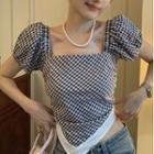 Short-sleeve Square Neck Plaid Cropped Blouse