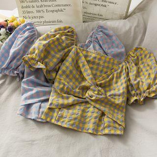 Boatneck Checker Twisted Crop Top In 6 Colors