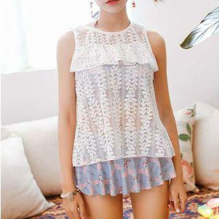Set: Flamingo Print Tankini Top + Swim Skirt