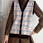 V-neck Embroidered Houndstooth Knitted Vest