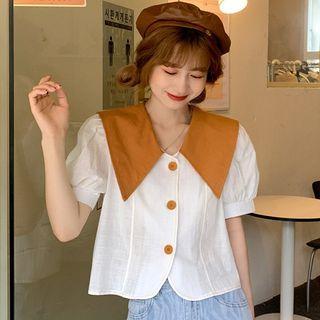 Puff-sleeve Contrast Peter Pan-collar Button-up Cropped Blouse