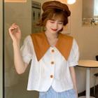 Puff-sleeve Contrast Peter Pan-collar Button-up Cropped Blouse