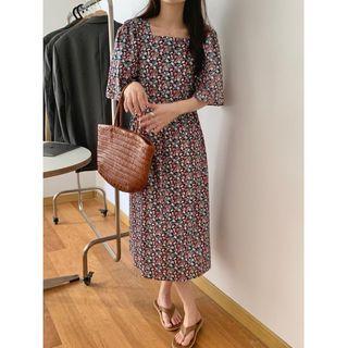 Elbow-sleeve Button-up Floral Print Midi Dress