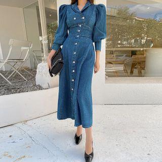 Bishop-sleeve Shirt & Flared Maxi Skirt Denim Set Dark Blue - One Size
