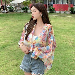 Long-sleeve Floral Shirt Pink - One Size