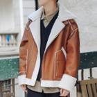 Fleece Collared Faux Leather Zip Jacket