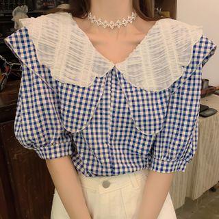 Peter Pan Collar Puff-sleeve Shirred Plaid Top