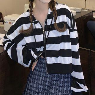 Stripe Loose Fit Zip Up Cropped Hoodie Stripe -black & White - One Size