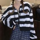 Stripe Loose Fit Zip Up Cropped Hoodie Stripe -black & White - One Size