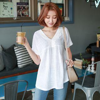 Lace Trim Short-sleeve V-neck Blouse