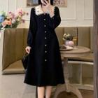 Long-sleeve Embroidered Collar Button-up A-line Dress