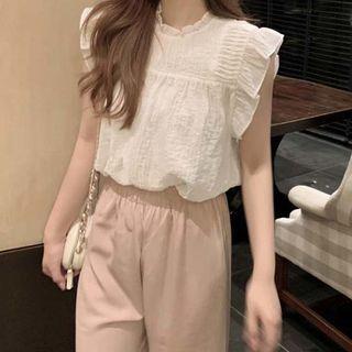 Flower Trim Short-sleeve Shirt + Maxi Wide-cuff Pants