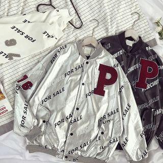 Letter Applique Faux Leather Bomber Jacket