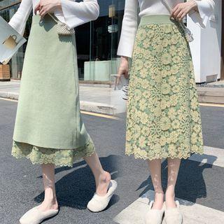 Lace Panel Knit Midi A-line Skirt