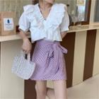 Elbow-sleeve Blouse / Striped Mini A-line Skirt