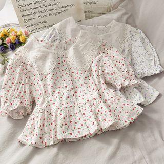 Eyelet Peter Pan-collar Floral Crop Blouse