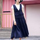 Set: Plain Short Sleeve T-shirt + Plain Tiered Pinafore Dress