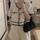 Set Of 2: Short-sleeve Contrast Trim Top + High-waist Shorts