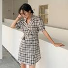 Puff-sleeve Plaid Double-breasted Shirtdress Black - One Size