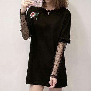 Mesh Panel Flower Embroidered Long Sleeve T-shirt Dress