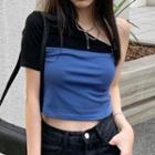 One-shoulder Mock Two-piece Cropped T-shirt Blue & Black - One Size