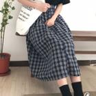 Plaid Buttoned A-line Midi Skirt Navy Blue - One Size