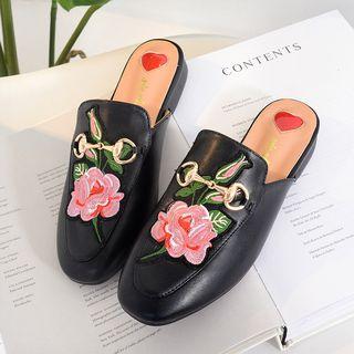 Flower Embroidered Low Heel Loafer Mules
