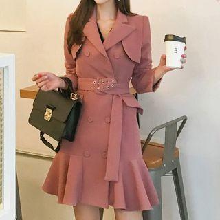 Ruffle Hem Long-sleeve Collared Dress