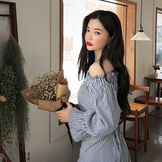 Off-shoulder Flounced Stripe Midi Dress