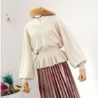 Set: Balloon-sleeve Sweater + Reversible Midi A-line Pleated Velvet Skirt