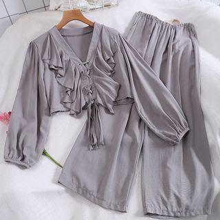 Set Of 2: Ruffle Trim Lantern-sleeve Blouse + Wide-leg Pants