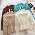 Plain Stand-collar Cable-knit Long-sleeve Sweater