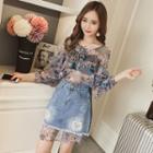 Set: Ruffle Chiffon Blouse + Denim Skirt