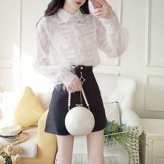 Long-sleeve Feathered Shirt / Zip A-line Mini Skirt / Set