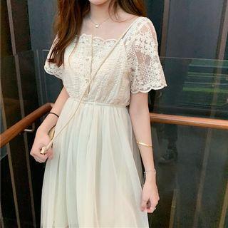 Short-sleeve Midi Mesh Dress Almond - One Size