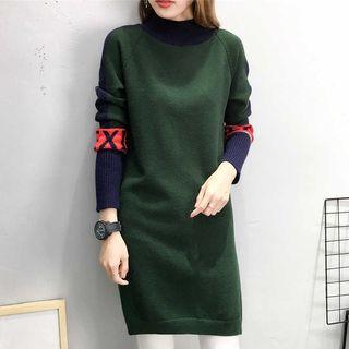 Color Panel Mock Neck Long Sleeve Knit Dress
