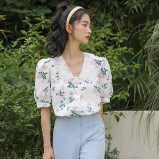 V-neck Floral Embroider Button-up Blouse