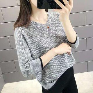 3/4 Sleeve V-neck Melange Knit Top