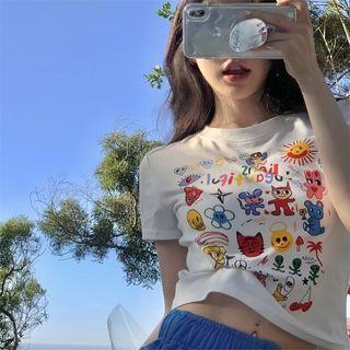 Short-sleeve Cartoon Print T-shirt Cartoon Print - White - One Size