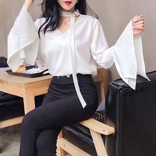 Set: V-neck Bell-sleeve Blouse + Skinny Pants