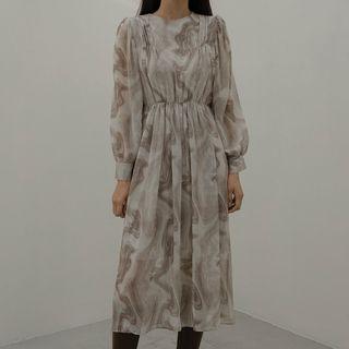 Pintuck Printed Maxi Dress Beige - One Size