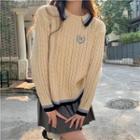 Long-sleeve Embroidered Contrast Trim Cable Knit Sweater