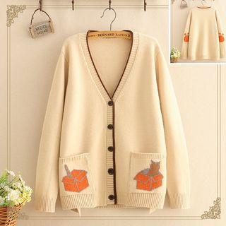 Contrast-trim Cat Print Knit Cardigan