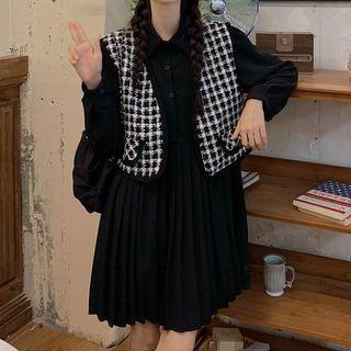 Tweed Plaid Button-up Vest / Puff-sleeve Pleated Shirtdress