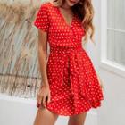 Printed Short-sleeve V-neck Ruffle Hem Mini A-line Dress