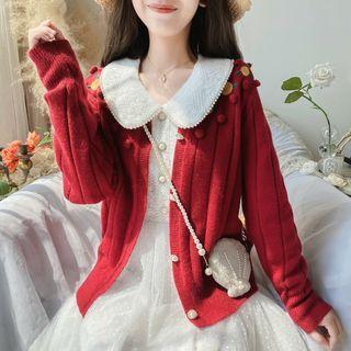 Mini Pom Pom Floral Embroidered Cardigan Red - One Size